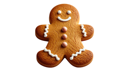 Smiling gingerbread man with white icing and pink button decorations