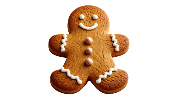 Smiling gingerbread man with white icing and pink button decorations