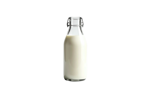 Glass bottle full of white liquid against black background