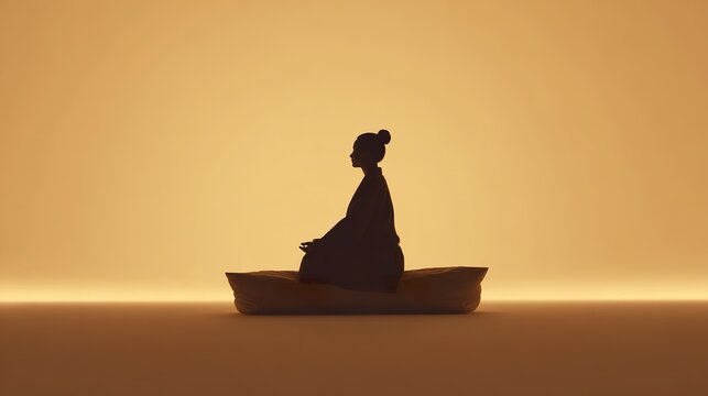 crosslegged. A serene person meditates cross-legged on a cushion with a soft glow, set against a minimalist beige background. wellbeing guides.