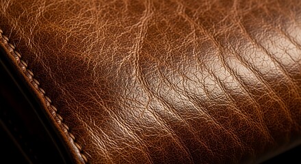 Close up textured detail of rich brown distressed leather with visible grain and stitching