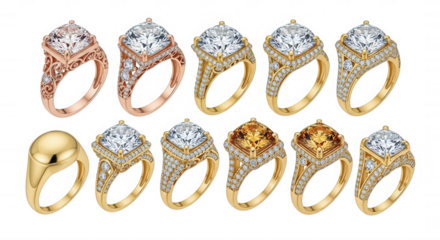 Precious gemstone rings collection isolated on a transparent background