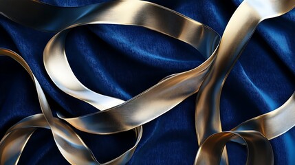 Golden Elegance Flowing on Midnight Blue Satin Ribbon Background