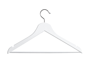 White wooden hanger with chrome hook on black background