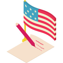 Isometric United States Flag Waving Proudly Above A Patriotic Vote Or Election Ballot Being Marked...