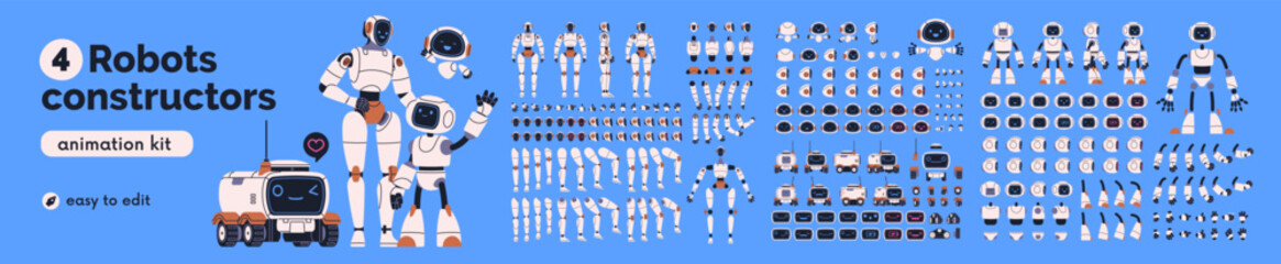 Robot parts, android body constructor, animation kit. Bot character construction set. Artificial intelligence assistant design with electronic gears, head, arms and legs. Flat vector illustration