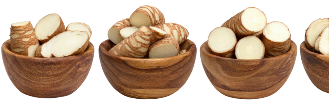 Bowls with cut Jerusalem artichokes, beige and brown