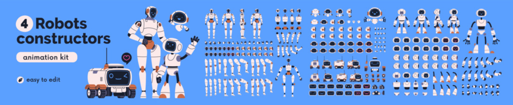 Robot parts, android body constructor, animation kit. Bot character construction set. Artificial intelligence assistant design with electronic gears, head, arms and legs. Flat vector illustration