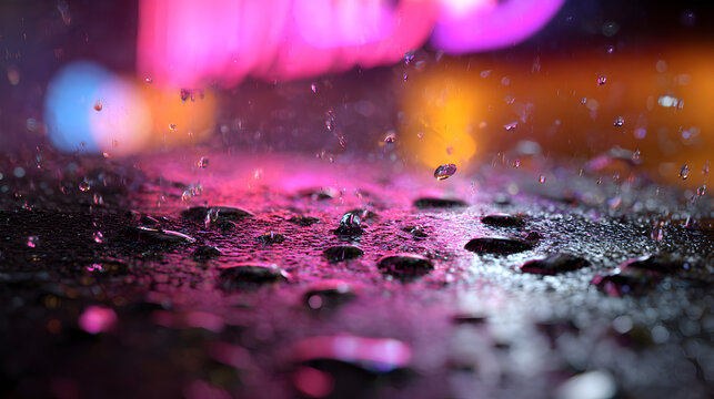 Rain drops reflecting neon lights on wet pavement abstract background, urban, rainfall, reflection, surface, city nightlife scene, liquid droplets on street ground - Powered by Adobe