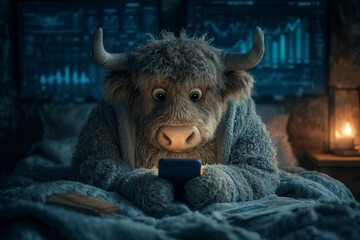 Smartphone scare: bull's nighttime fright. Bull in dark. How crypto blurs the line between freedom and financial danger. Night bull phone. Bull night fright.