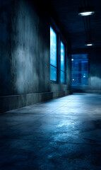 Gloomy Architecture Interior Windows Building Passage Bluish Concrete Modern cityscape shadows light darkness quiet calm solitude empty hall way street urban scene midnight