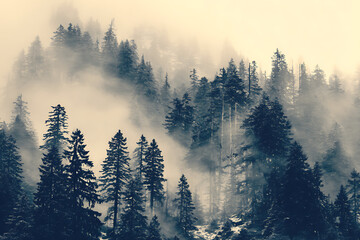 Ethereal forest landscape with misty trees in the mountains, perfect for nature lovers and travel bloggers seeking serene and atmospheric visuals