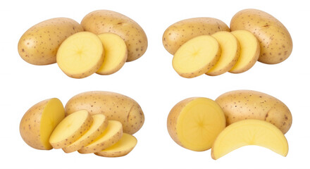 Whole sliced golden potatoes isolated on a transparent background