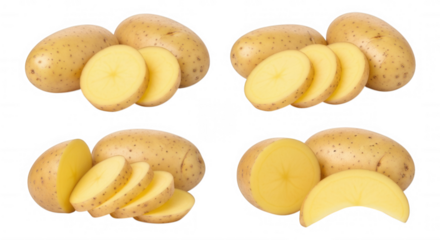 Whole sliced golden potatoes isolated on a transparent background