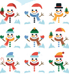 Cute vector cartoon snowman set with hats for Christmas and New Year holiday illustration