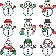 A festive vector set of cute cartoon snowmen decorated with hats and scarves for a happy Christmas season illustration