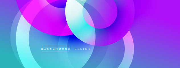 Abstract vibrant circles overlap. Gradient colors blend, creating dynamic visual effect. Modern design suitable backgrounds, presentations.