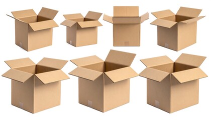 Fototapeta premium Array of empty, open cardboard boxes against a white background