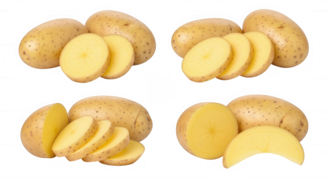 Whole sliced golden potatoes isolated on a transparent background