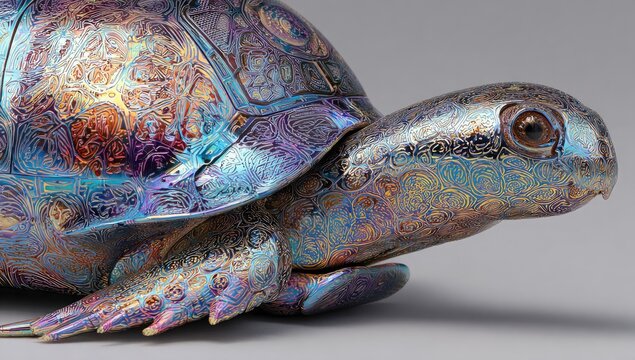Close-up of a stylized turtle.  Its shell is intricate, metallic, and multicolored, displaying iridescent patterns of various hues.  The turtle is in profile view, its head and front legs visible