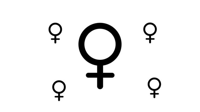 Zoom in and out animation the venus symbol. Large black symbol in the center and four small symbols around. Seamless looped 4k animation on white background