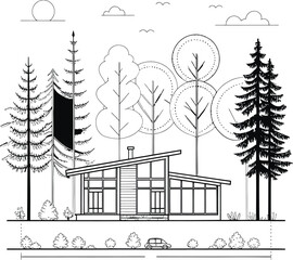 Vector illustration of an old black and white Japanese garden landscape with a river and small village houses