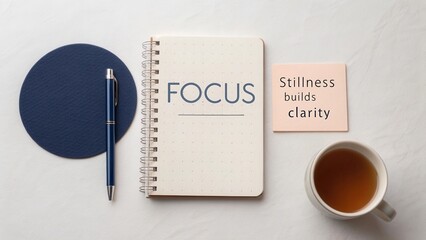 Simple workspace with notebook, pen, cup of tea, and motivational notes promoting focus and clarity in daily tasks