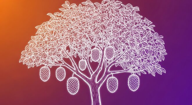 Delicate stylized tree with intricate lace like branches and hanging ornaments on gradient background