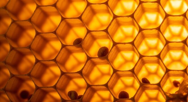 Golden honeycomb cells filled with honey and small dark bee larvae illuminated from behind