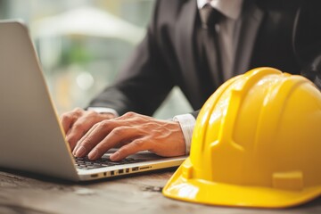 Businessman focusing on work safety compliance while typing on a laptop at a construction site with a yellow hard hat beside him