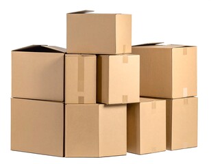 A stack of various-sized cardboard boxes against a pure white background