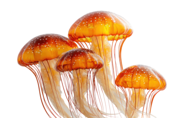 Amber jellyfish cluster; clear bodies, dotted caps