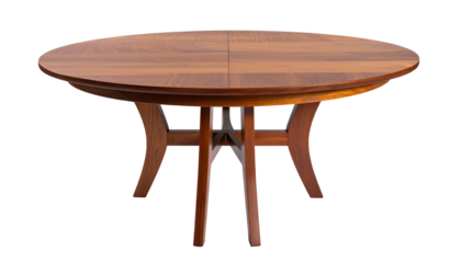 Round wood table with four curved legs, center divided top