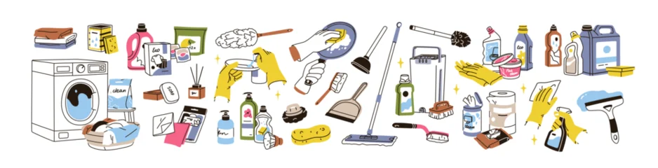 Fotobehang Beren Clean products, housekeeping supplies set. Household equipment. Housework tools, cleaning and washing stuff, accessories for domestic cleanup. Flat vector illustrations isolated on white background  © Good Studio