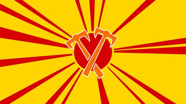 Crossed axes symbol on the background of animation from moving rays of the sun. Large orange symbol increases slightly. Seamless looped 4k animation on yellow background