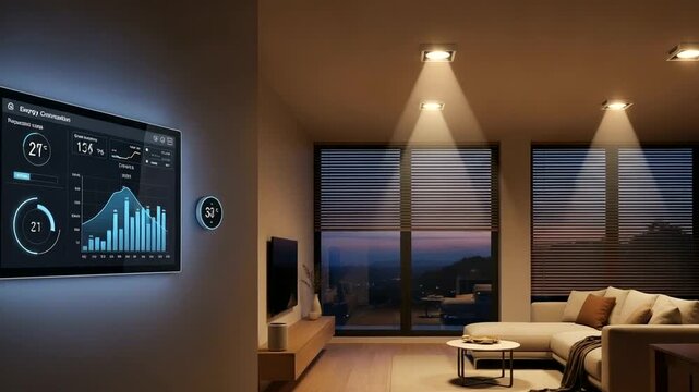 Modern living room with smart home technology display, showcasing temperature and data analytics at sunset