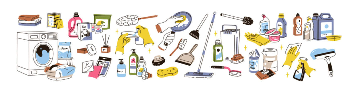 Clean products, housekeeping supplies set. Household equipment. Housework tools, cleaning and washing stuff, accessories for domestic cleanup. Flat vector illustrations isolated on white background
