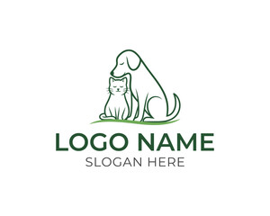 Minimalist pet logo isolated on white background featuring a dog and cat in a simple, elegant line art style, conveying companionship, care, and veterinary services in a clean design