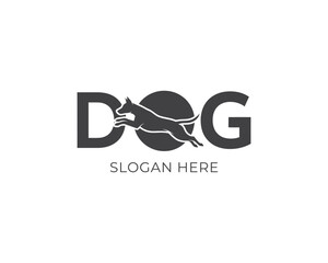 Dynamic dog logo design isolated on white background showcasing a leaping canine silhouette integrated into the word dog, ideal for pet services and animalthemed brands