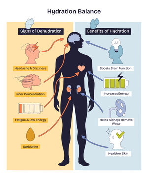 Hydration balance visualizes how water affects body systems, human silhouette highlights brain and kidneys, contrasting dehydration signs and hydration benefits. Doodle style diagram