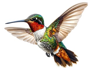 Obraz premium A vibrant hummingbird displays intricate plumage while soaring in flight