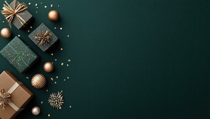 Holiday gifts, gold accents, dark green background