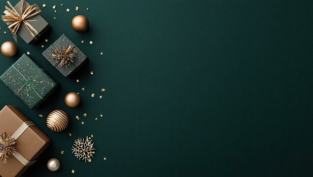 Holiday gifts, gold accents, dark green background