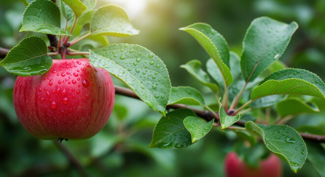 A close-up view of a ripe red apple hanging on a tree branch, glistening with water droplets. - Powered by Adobe
