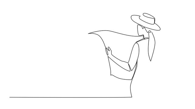Animated self drawing of continuous line drawing a woman wearing a vest and cowboy hat holds and spreads a map. Random items for fun. National Scavenger Hunt Day. Full length single line animation