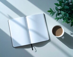 Minimal flat lay of notebook, pen, and coffee – cozy morning workspace background