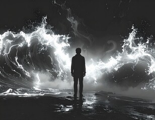 Obraz premium Lonely Figure Engulfed by Endless Glowing Waves of Anxiety