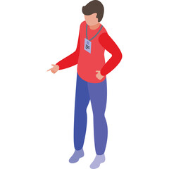 Isometric View of a Male Figure in a Red Long Sleeve Shirt and Blue Pants Wearing a Lanyard with an ID Badge and Pointing Forward Against a Transparent Background