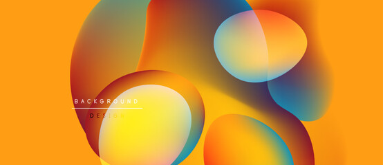 Abstract vibrant shapes overlap, creating warm color gradients. Orange dominates background, with blue, yellow highlights. Modern design element.