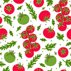 Seamless pattern with red and green tomatoes. Vector graphics.